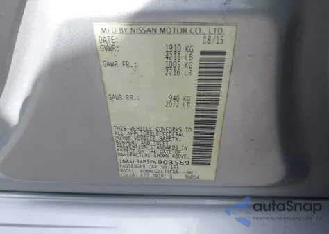 2015 Nissan Altima 2.5 S z USA, uszkodzony, nr VIN 1N4AL3AP3FN903589